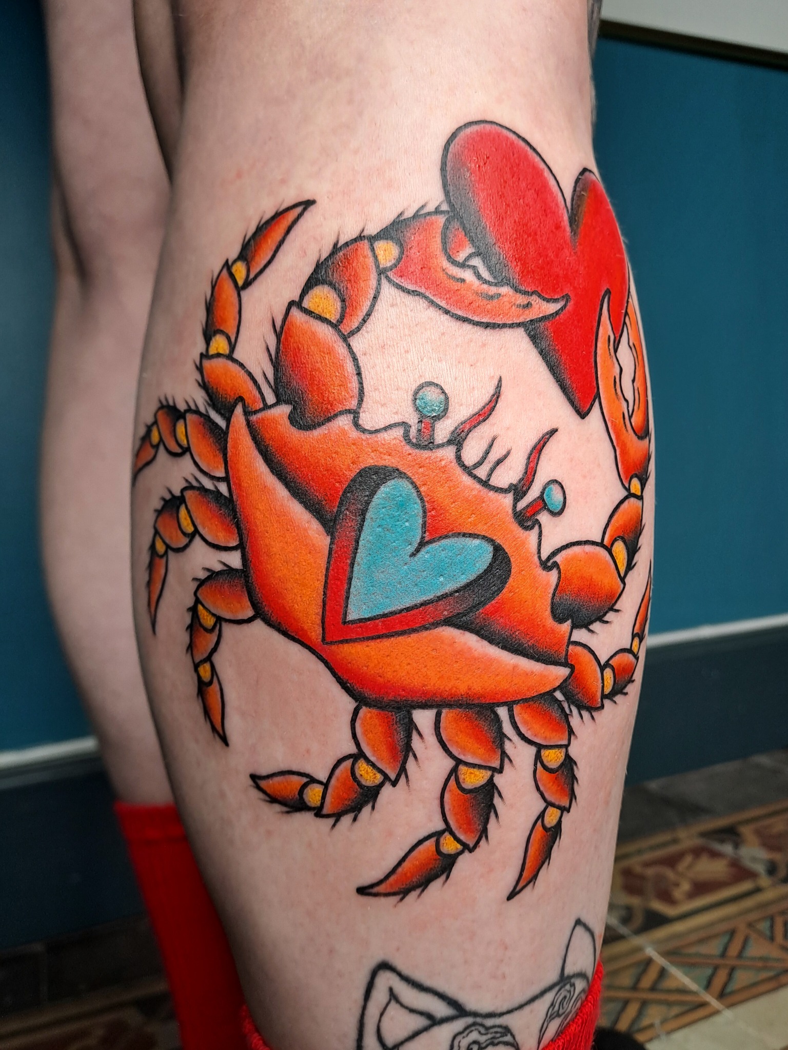 Traditional colour crab tattoo