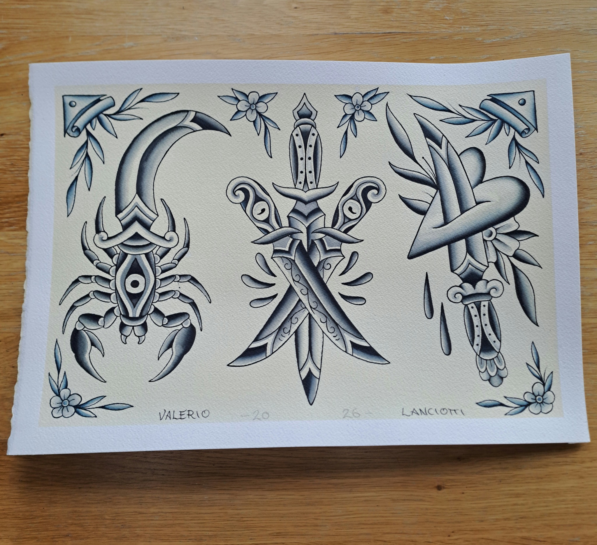 Tattoo flash sheet with daggers and scorpion