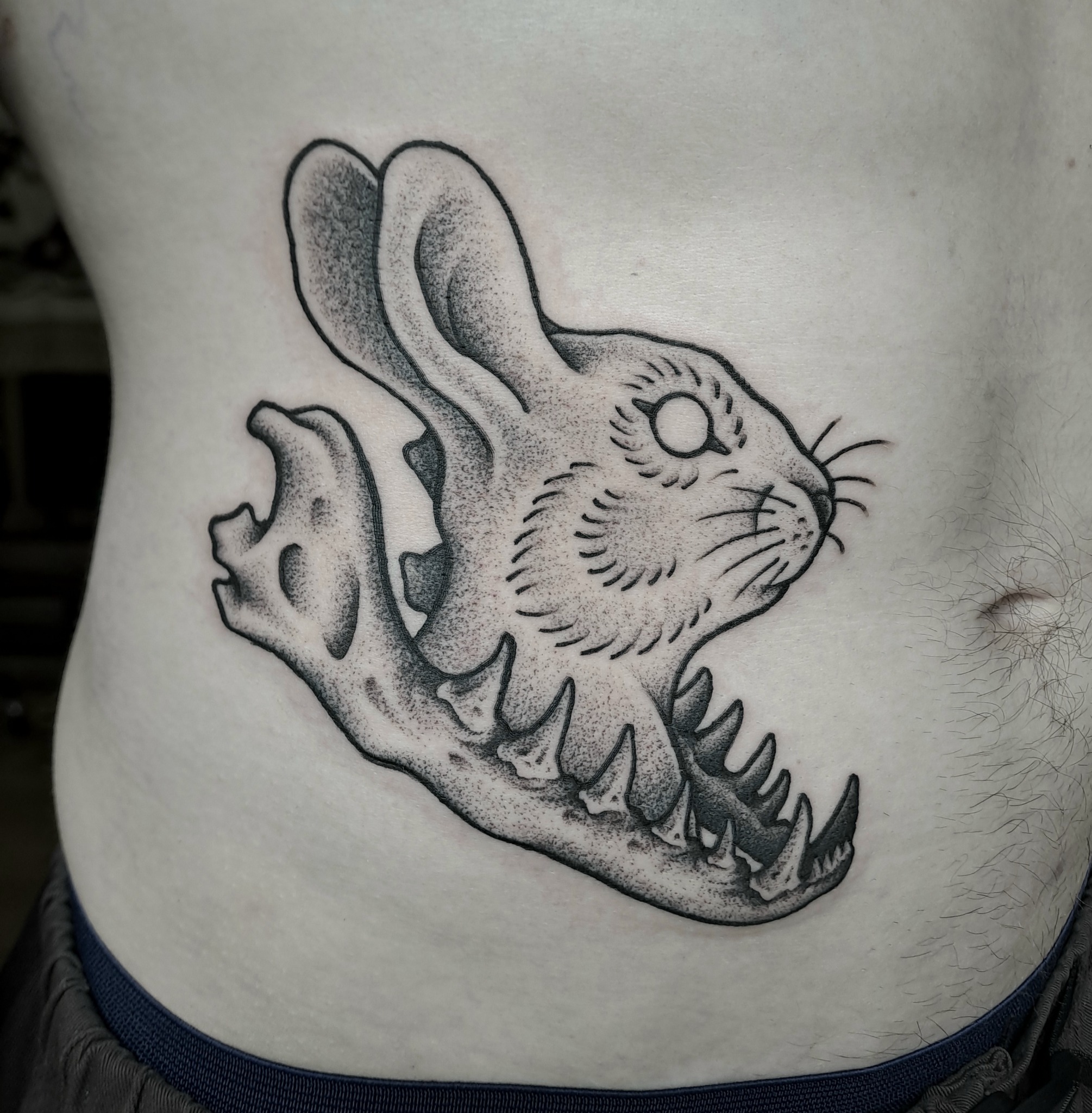 Illustrative rabbit and skull tattoo