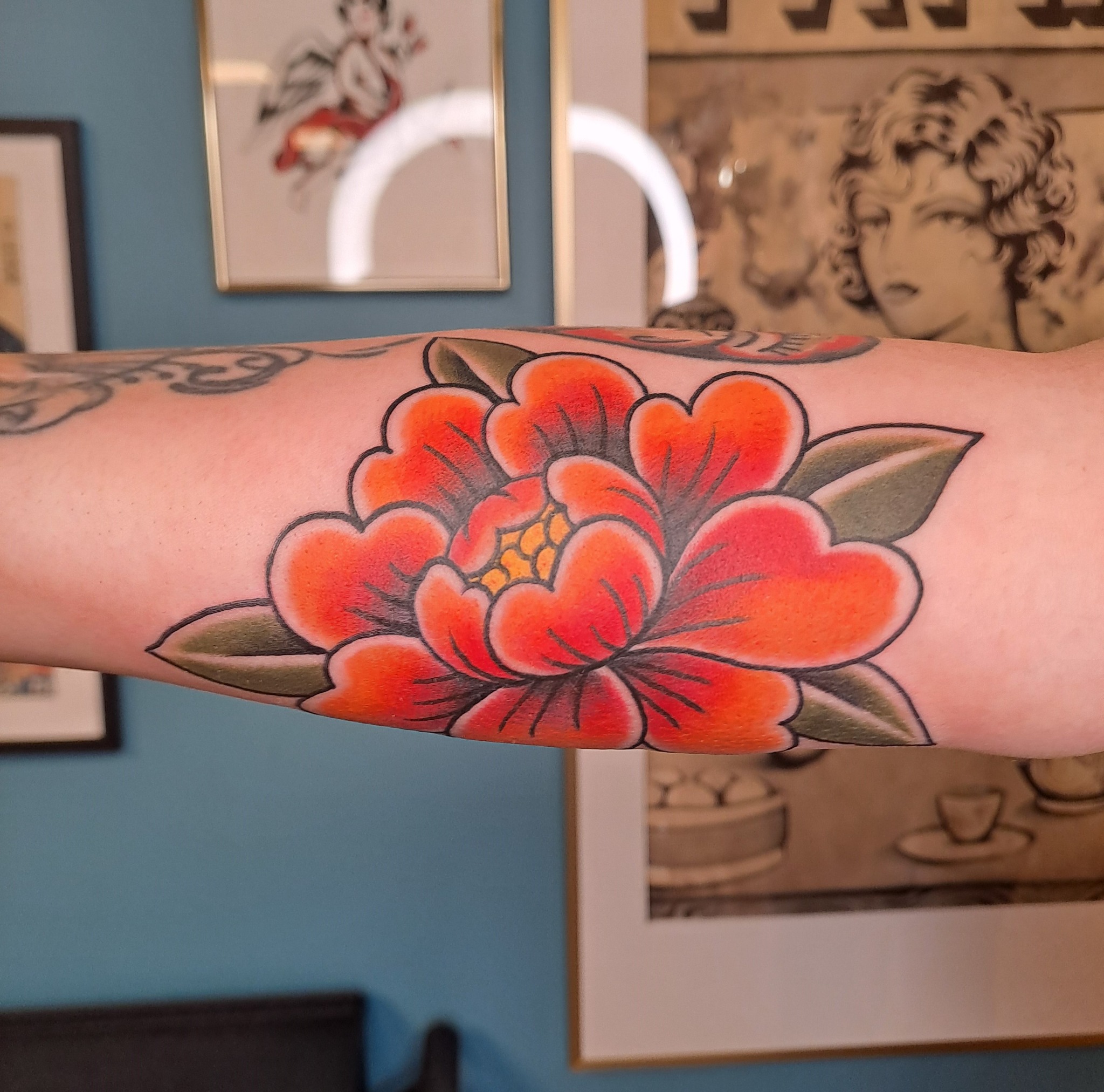 Traditional colour peony tattoo